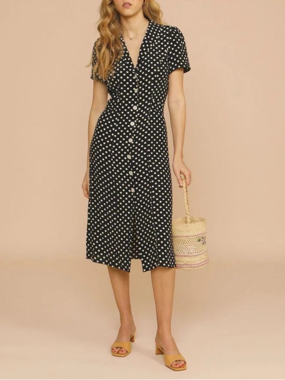 ROUJE Black & White Polka Dot Printed Retro Button Down Marin Midi Dress 36 2/4 - Picture 16 of 17